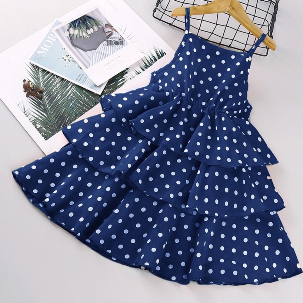 Dark blue white polka dots dress for girls.